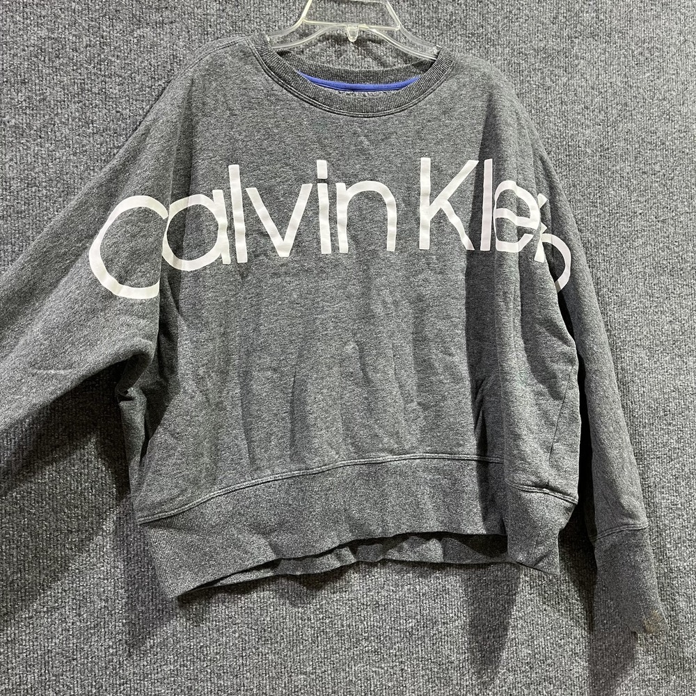 Calvin Klein‎ Performance Sweatshirt Womens Gray Cotton Spellout Logo Crewneck